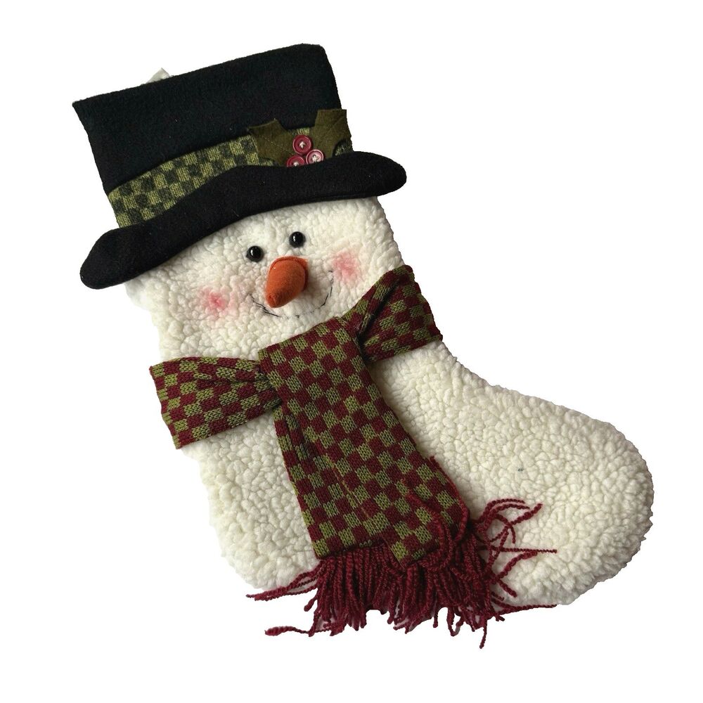 Snowman Christmas Stocking w/scarf Fluffy Fleece 3D Carrot Nose Buttons Rosy